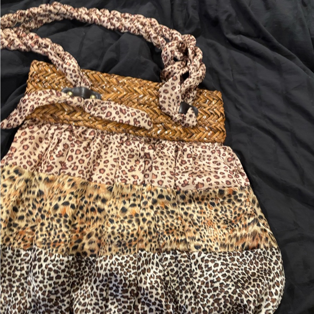 Leopard Print Woven-Trim Shoulder Bag - Brown Multi